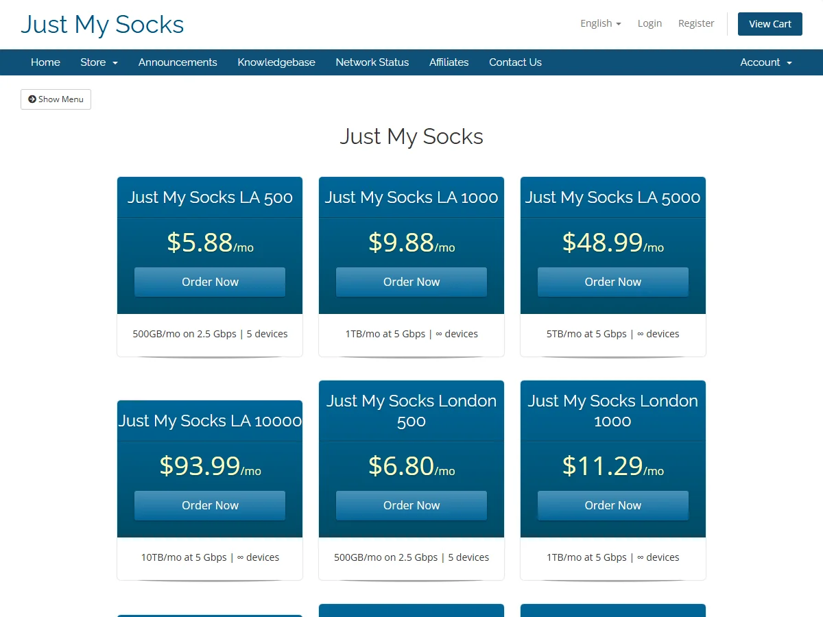 2026年10月16日未登录的 Just My Socks 官网套餐列表首屏,显示 LA 和 London 部分套餐的月付标价及流量设备限制