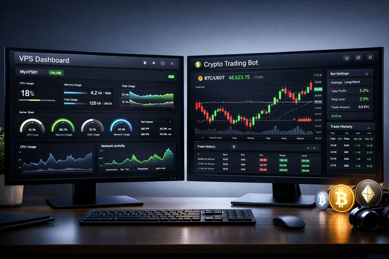 VPS server dashboard on one screen and a crypto trading bot interface on another