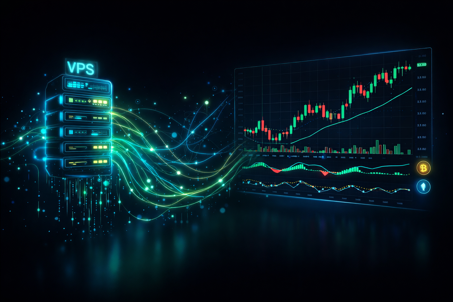 VPS powering crypto trading bots, glowing server nodes connected to trading charts
